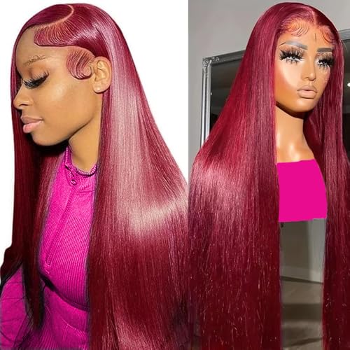 99J Burgundy Lace Front Wigs Human Hair 13x4 Straight Lace Front Wigs Pre Plucked Burgundy Wig Human Hair Straight Wigs for Women 180% Density Wine Red Wig 20Inch