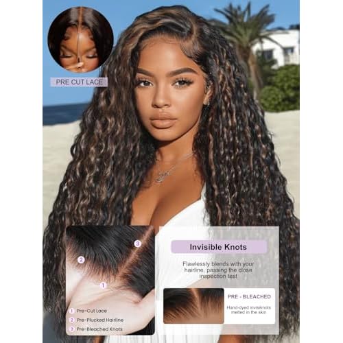 YIROO Golden Brown Highlight 7X5 Bye Bye Knots Water Wave Lace Closure Wig Human Hair Glueless Pre Cut Pre Plucked Invisible Knots Lace Front Wigs Ready to Go Wet and Wavy Wigs 150% Density 22Inch