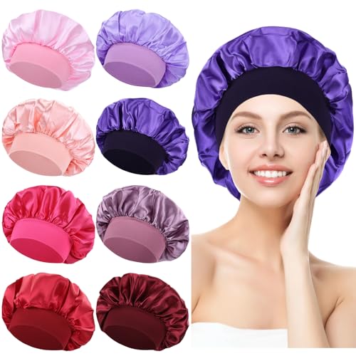Lawie 8 Pack Colors Satin Lined Silky Sleeping Bonnets Shower Caps Curly Long Hair Protector Night Large Adjustable Wide Brim Band Sleep Hats Hair Wraps for Women Girls (Feminine Colors)