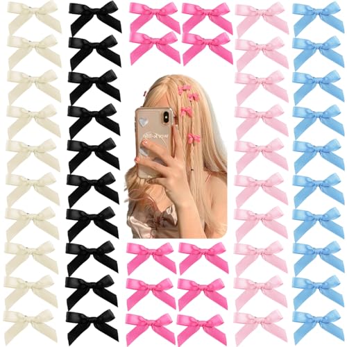 50Pcs Mini Hair Bows Clips for Women Girls Black Blue Hair Ribbon Clips Small Bowknot Barrettes White Pink Satin Cute Bow Hair Clip Metal Y2k Hair Accessories for Braids Teens Toddlers