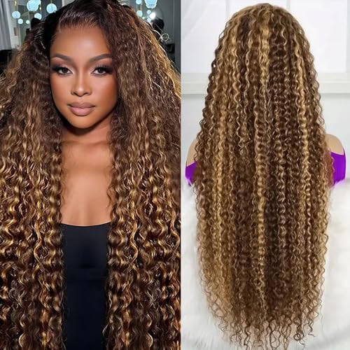 30 Inch Honey Blonde Wig Human Hair 13x6 HD Transparent Ombre Lace Front Wig Human Hair 4/27 Deep Wave Highlight Wig Glueless Curly Wigs for Women