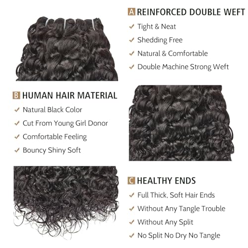 Wequeen 16A Deep Wave Human Hair Bundles 18 20 22 Inch 100% Unprocessed Brazilian Virgin Hair Quick Weave Bundles Human Hair Extensions Real Human Hair, Natural Black
