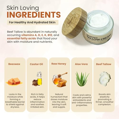 100% Organic Grass Fed Beef Tallow for Skin | Whipped Beef Tallow For Face | Tallow Moisturizer| Premium Beef Tallow for Women With Aloe Vera & Raw Honey & Beeswax- 5 FL.Oz