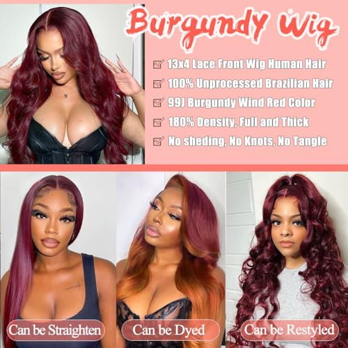 99J Burgundy 28 Inch body wave lace front wig for women 13x4 transparent lace front human hair wigs pre plucked with baby hair body wave wigs Red 180% Density Human Hair Wig for Women