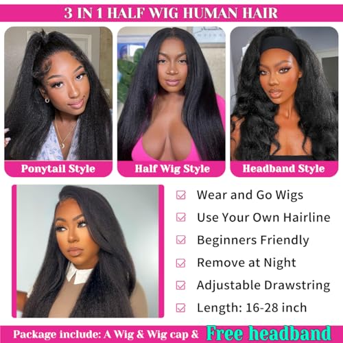 Kinky Straight Half Wig Human Hair Glueless Wigs 3 In 1 Half Wig Human Hair 180% Density Drawstring Seamless Flip Over Wear and Go Wig Invisible Hairline Beginner Friendly 24 Inch