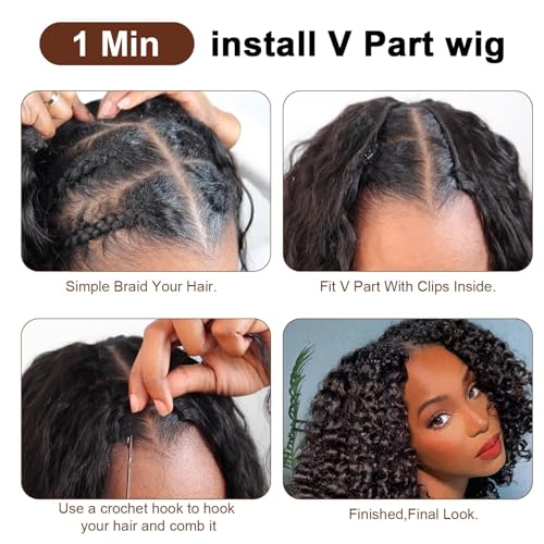 V Part Wig Human Hair curly Upgrade U Part Wig for Black Women Kinky curly Glueless Clip In Half Wig No Leave Out Wigs 180% Natural Color 30inch