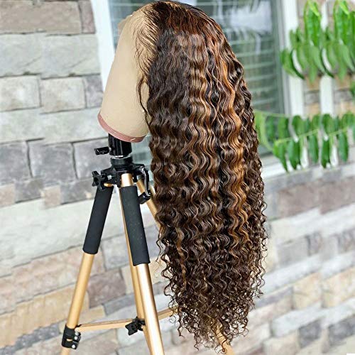 ten chopsticks Wigs HD Transparent 13x6 Highlight Ombre T4/27 Color Curly Lace Front Wig Pre Plucked Bleached Knots Human Hair Wigs for Women Brazilian Deep Wave Curly Wig Human Hair 14inch