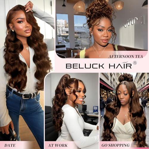 Beluck 20 Inch Chocolate Brown Human Hair Wig 360 Lace Front Wigs Human Hair Pre Plucked With Drawstring Wig 200 Density Body Wave Frontal 360 Full Lace HD Lace Front Wigs Glueless