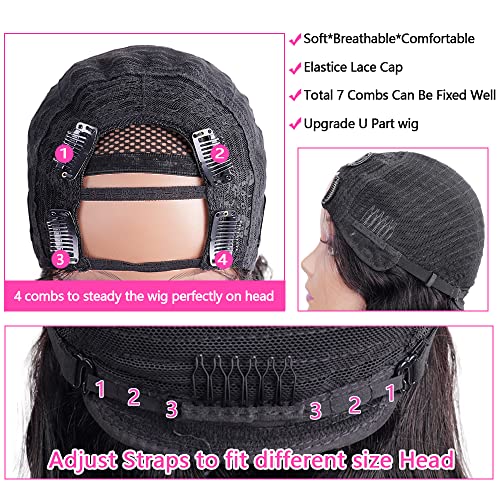 U Part Wigs Human Hair for Black Women Deep Wave Human Hair Brazilian Hair Full Head Clip in Half Wig V Part Glueless Wigs Human Hair Pre Plucked U Shape Wigs (Natural Black, 26 inch)