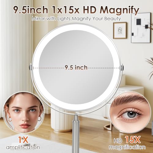 VESAUR 15X Magnifying Mirror with Light, 9.5 Large 5000mAh Rechargeable Double Sided HD Lighted Makeup Mirror with 3 Touch Dimmable Light, 360¡Æ Swivel Detachable for Travel Vanity Mirror Nickel, Gifts