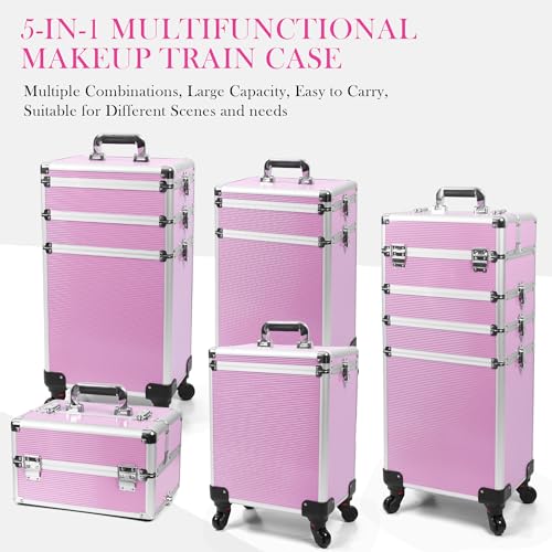 5 in 1 Professional Makeup Train Case Aluminum Cosmetic Case Rolling Makeup Case ExtraLarge Storage Organizer with Key Swivel Wheels Salon Barber Case for Make Up Nail Hairstylists, Pink