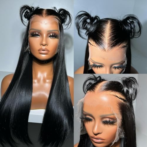 Miss Flower 13x6 Glueless Full Frontal Pull Go Wigs With Drawstring 250 Density Hidden Strap Snug Fit Ultra-thin Invisible Lace Wig Pre Plucked Pre Cut Lace 26Inch Straight Wigs Human Hair For Women
