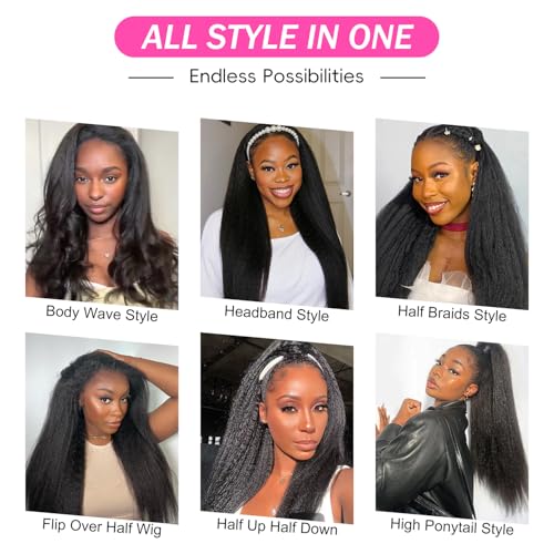 BLY Kinky Straight 3 in 1 Half Wig Human Hair for Women 180% Density Glueless Wear & Go No Lace Flip Over Half Wig Beginner Friendly Seamless Clip In Wigs 22 Inch