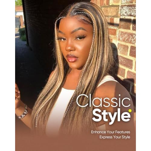 CLong Highlight Ombre Lace Front Wig Human Hair, 13x4 Straight 4/27 Honey Blonde HD Lace Front Wig Pre Plucked 200% Density Colored Lace Front Wigs for Black Women 26Inch