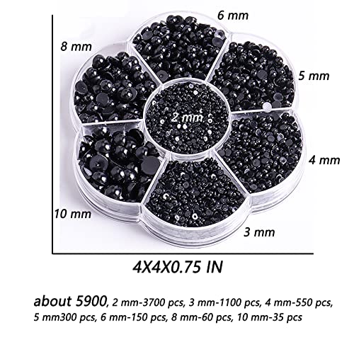 5900 Pcs Half Pearls for Crafts Black Nail Pearls for Nail Art Falt Back Pearls for Makeup Craft Pearls for Artists Creative DIY Flatback Pearls for Nails (2/3/4/5/6/8/10mm) , (ZZ003)