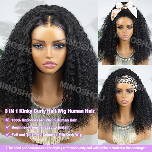 22Inch Half Wig Human Hair Kinky Curly 250% Density 3 In 1 Seamless Flip Over Half Wig for Women Glueless Wear and Go Drawstring Wig Human Hair Natural Black Beginner Friendly