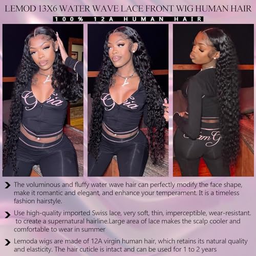 Lemoda 13x6 Lace Front Wigs Human Hair Water Wave Wig 12 Virgin Human Hair 180% Density Deep Wave Frontal Wig for black Women 28 inch