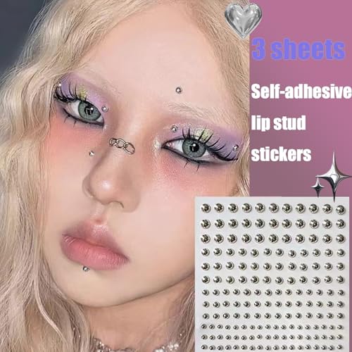 NOOEPC Face Gems Lip Stud, Fake Piercings y2k Accessories Nose Stud Eyebrow Stud, Non Piercing Nose Stick on Silver Belly Button Sticker, Face Sticker Ring Cool Punk Y2K Makeup for Women Men