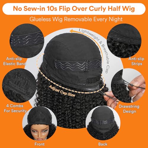 Kinky Curly Half Wig Human Hair 250% Density 16 Inch Burmese Kinkycurly Wig Human Hair,3 In 1 Seamless Flip Over Drawstring Ponytail Headband Wig Human Hair Glueless Wear and Go