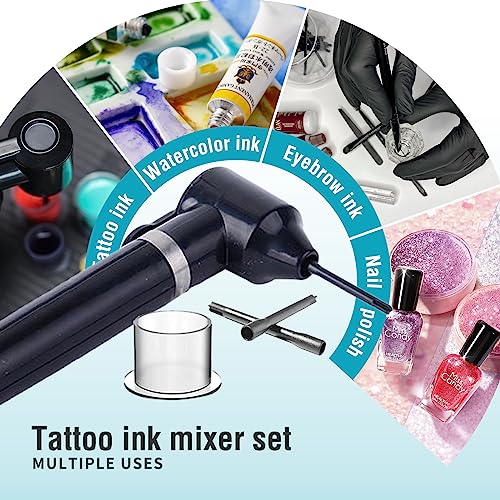 Tattoo Ink Mixer Machine Set - 100Pcs Yugui Ink Mixing Sticks and 100Pcs Tattoo Ink Cups Pigment Mixer Agitator Sticks Black Electric Color Tattoo Mixer Machine for Makeup Eyebrow Color