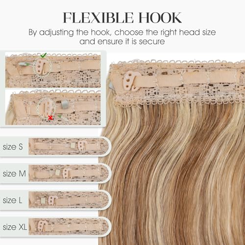 Halo Hair Extensions Real Human Hair Invisible Wire Extensions with Transparent Fish Line Wavy Curly Halo Clip in Human Hairpieces Golden Brown & Bleach Blonde 22 Inch