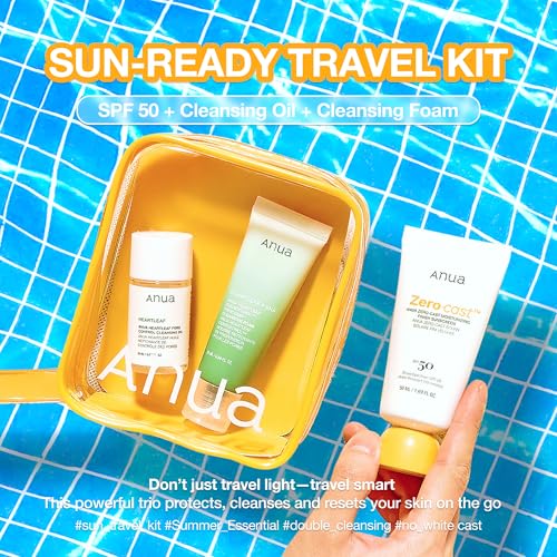 Anua Sun-Ready Travel Kit, Zero-Cast Sunscreen & Cleansing oil & Face Wash. Korean Sunscreen with Mini Size Double Cleansing routine ,Korean Skincare Set