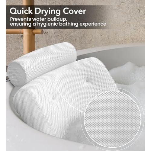 Everlasting Comfort Luxury Bath Pillows for Tub with Head and Neck Support - Non-Slip Bathtub Pillow with Suction Cups, Quick-Drying Mesh & Drying Hook - Jacuzzi & Spa Accessories for Women - White