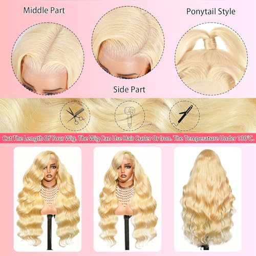 613 13x6 Lace Front Wig Human Hair 32 Inch Body Wave Blonde Wig Human Hair 13x6 200 Density HD Lace Front Wigs Real Human Hair Pre Plucked with Melted Hairline Tiny Knots Tangle Free Shedding Free
