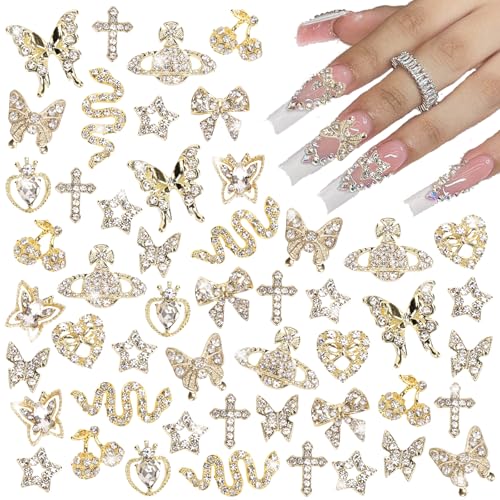 24PCS Nail Charms Y2k Alloy Nail Art Rhinestone Charms 3D Heart Bow Butterfly Charm with Rhinestones Cherry Nail Gems Shiny Jewelry Nail Decorations Accessories Supplies (SG)