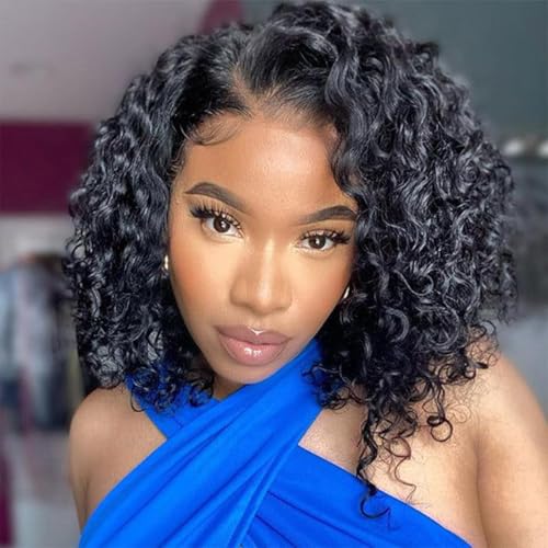 Short Bob Deep Wave Lace Front Wigs Human Hair 13x4 HD Lace Front Wigs Human Hair Pre Plucked Wet and Wavy Wigs for Women 180% Density Deep Curly Hair Wigs with Baby Hair