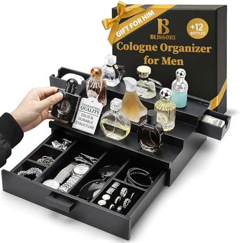 Cologne Organizer for Men ? Gifts for Dad, Husband ? Perfume Organizer for Men with Velvet Drawer ? Elegant 3-Tier Perfume Display Stand & Fragrance Shelf ? Mens Birthday Gift