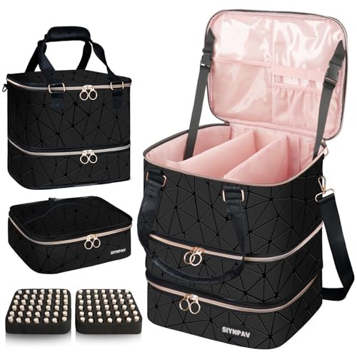 Nail Polish Organizer Bag Holds 84 Bottles (15ml/0.5fl.oz)& Nail Lamp, 3 Layers Detachable Nail Kit Storage Case PU Leather, Large Travel Nail Supplies Shoulder Bag for Manicure Tools (Black)