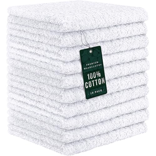 DecorRack 10 Pack 100% Cotton Wash Cloth, Luxurious Soft, 12 x 12 inch Ultra Absorbent, Machine Washable Washcloths, White (10 Pack)