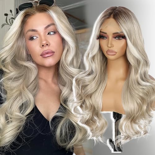 SAPPHIREWIGS 13¡¿4 Platinum Blonde Lace Front Wigs Synthetic Lace Front Wigs Body Wave Glueless Wigs for Women Heat Resistant Fiber Wig for Daily Party Use 20 inch