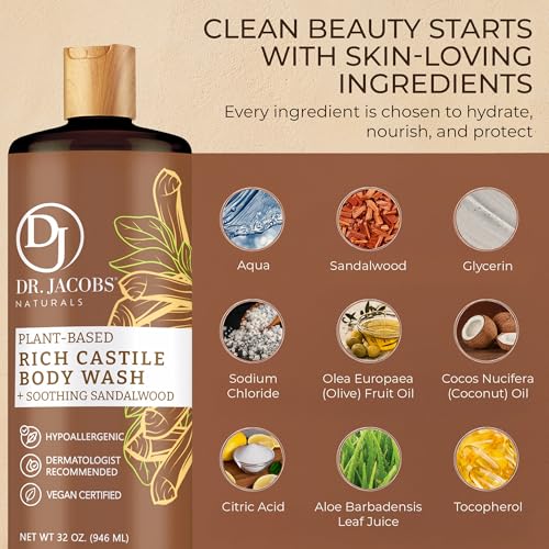 Dr. Jacobs Naturals Castile Sandalwood All-Natural Body Wash for Moisturizing Dry and Sensitive Skin with Plant-Based Ingredients with Pump - 32 Ounce