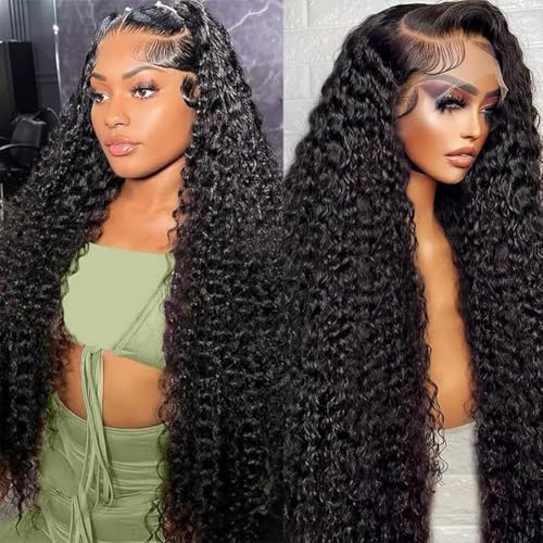 Oxcart Deep Wave Lace Front Wigs Human Hair 28 Inch 200 Density 13x6 HD Lace Frontal Wigs Pre Plucked Glueless Brazilian Virgin Human Wig with Baby Hair Deep Wave Wigs for Women Natural Black