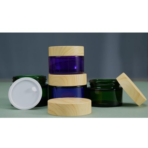 4Pack 50g Green Glass Cosmetic Cream Jars, Empty Sample Jars Containers Pot with Wood Grain Lids for Lotion, Lip Balm, Eye Cream, Scrubs, Oils, Salves, Ointments