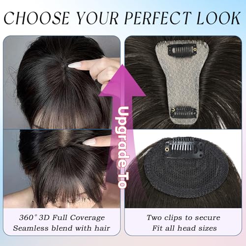 Hair Toppers for Women Real Human Hair, 360¡Æ Cover Clip in Bangs Medium Brown Wispy Bangs HairPieces for Women Daily (Medium Brown, 3D Bangs)