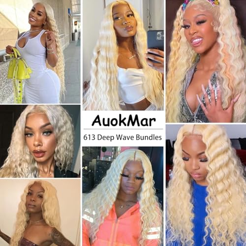 Blonde Bundles Human Hair 613 Deep Wave Bundle 12 14 16 inch 8A Peruvian Virgin Mixed Length 3 Bundles 613 Blonde Wet and Wavy Bundle