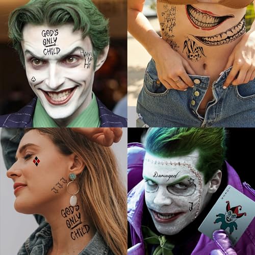 5 Sheets 3D Joker Tattoos Hand Halloween Makeup Kit, Prison Ghost Clown Damaged Joker Face Tattoo For Men Women Adults, Scary Prisoner Fake Temporary Tattoo Stickers Halloween Accessory Costume