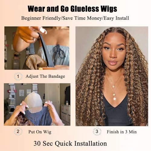 Ombre Highlight Glueless Wigs Human Hair Pre Plucked Pre Cut Curly Closure Wear and Go Glueless Wigs Human Hair Middle Part Balayage Water Wave Lace Frontal Human Hair Wigs for Black Women 4/27 22Inch