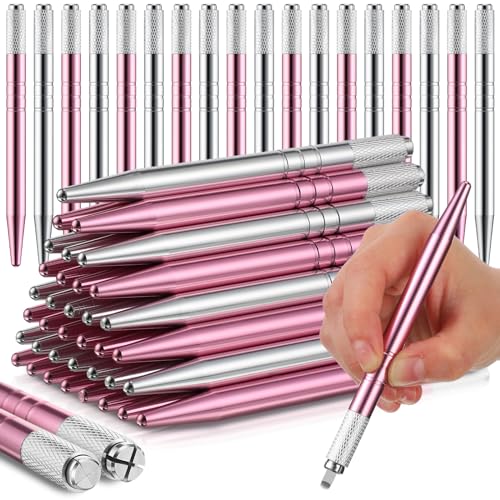 Gisafai 50 Pcs Microblading Pen Manual Eyebrow Pens Supplies Aluminum Pen Tool Holder Hand Tools for Makeup Supplies Salons(Silver, Pink)