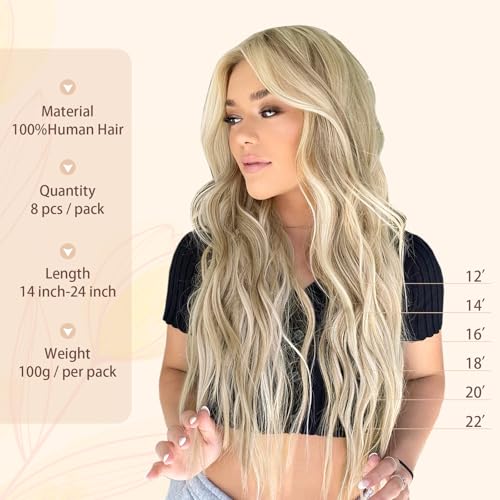 Sassina Human Hair Clip in Extensions 22 Inch Straight Clip in Hair Extensions Human Hair Golden Blonde to Medium Blonde Double Weft Clip ins 8 Pcs with 18 Clips 120 Grams #P16/22