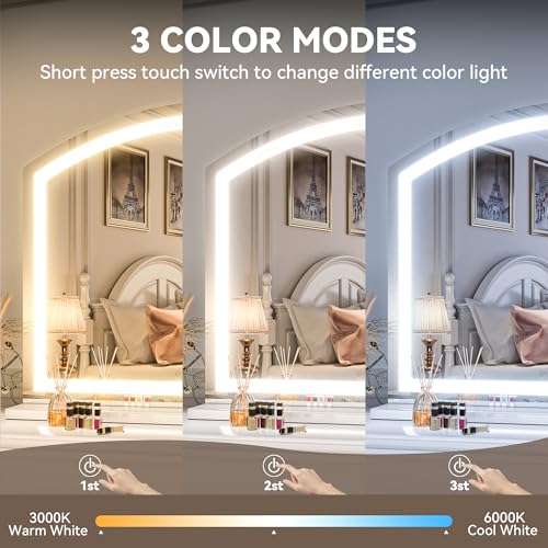 Hasipu Arch Vanity Mirror with Light, 36" x 24" Arched Led Makeup Mirror with 10X Magnification, Tabletop Desk Mirror, Dimmable 3 Colors Mode