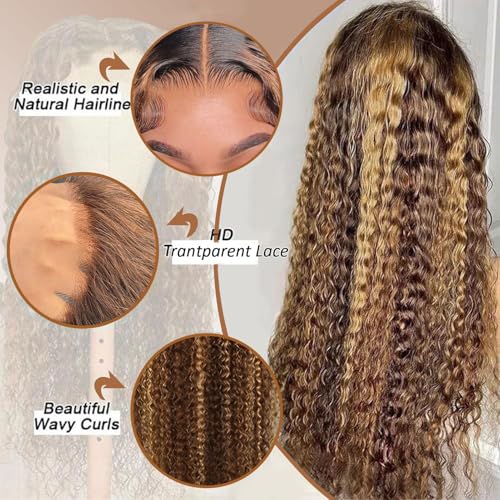 30 Inch Highlight Ombre Deep Wave Lace Front Wigs Human Hair Wig 13x6 Honey Blonde Wig Human Hair HD Glueless Deep Wave Wig 4/27 Colored Wet and Wavy Curly Wig Pre Plucked for Women