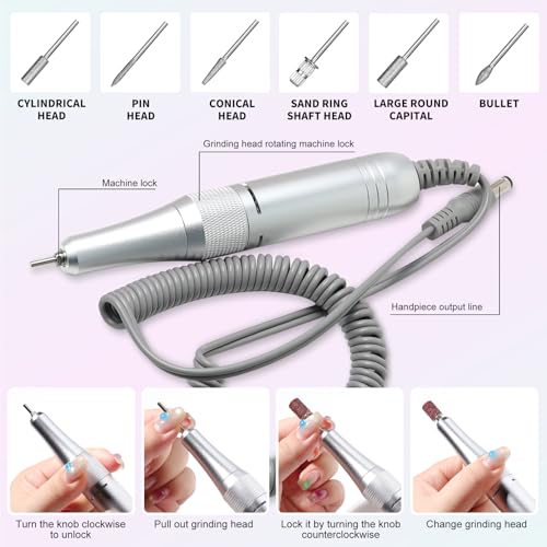 LIMEGIRL Professional Electric Nail File Drill Bits Kit 45000RPM for Acrylic Toenail Machine Clippers with 14 Drill Bit Gradient Pink Glitter Portable Rechargeable Cordless