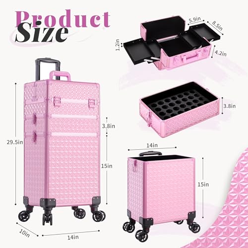 3 in 1 Rolling Makeup Train Case Professional Large Cosmetic Trolley Cosmetology Case on Wheels Traveling Cart Trunk for Hairstylist Artist Nail Beauty Salon Barber, Pink
