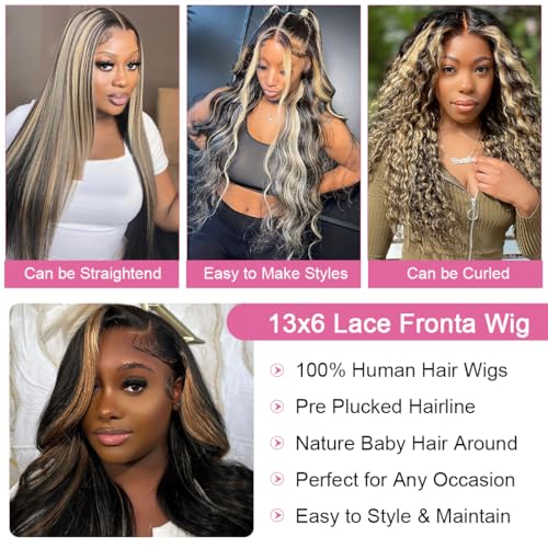 32 Inch 1B/27 13x6 Balayage Highlight Ombre Body Wave Lace Front Wigs Human Hair Honey Blonde Colored Lace Frontal Glueless Wigs Human Hair Pre Plucked for Women with Baby Hair