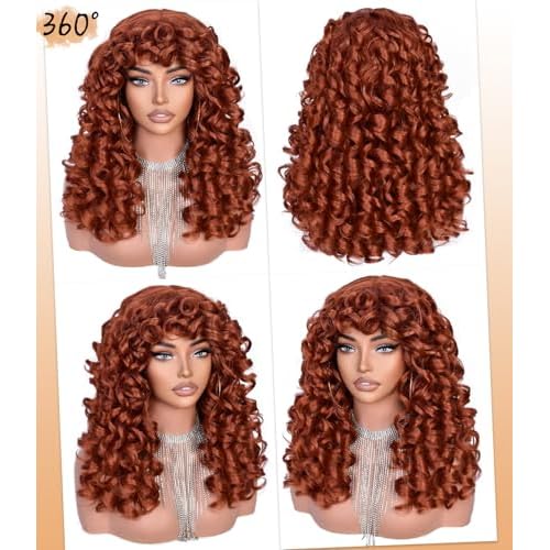 RunM Curly Wig with Bangs for Black Women Long Curly Afro Wig Big Bouncy Fluffy Synthetic Fiber Glueless Hair for Cosplay and Daily 17 Inch£¨Ginger£©