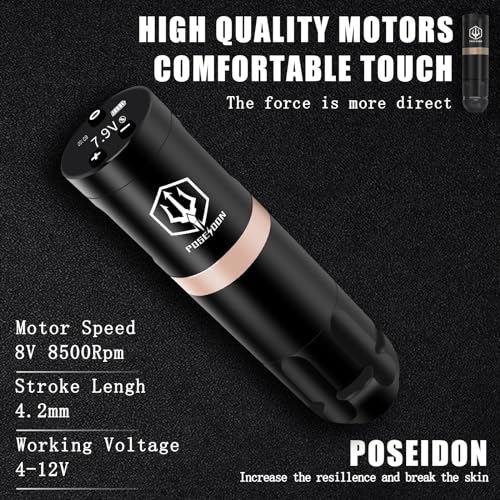 POSEIDON Cordless Rotary Tattoo Machine Kit with 20 Tattoo Cartridge Needles, Ink Set & 2 Rechargeable Batteries | Professional Portable Tattoo Gun for Beginners | Complete Starter Supplies(HM124)
